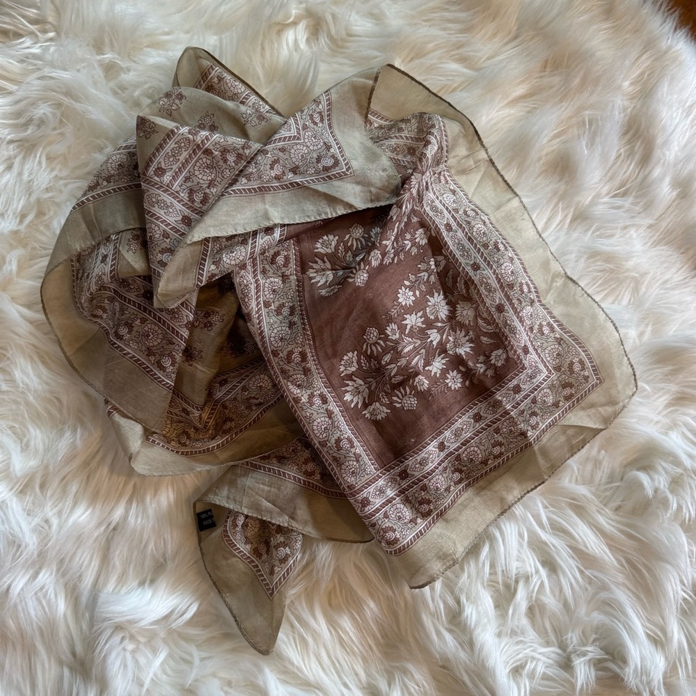 100% Pure Silk Floral Scarf | Golden Tan & Mauve Pink-ish 20" x 68" Spring Piece - Picture 5 of 9